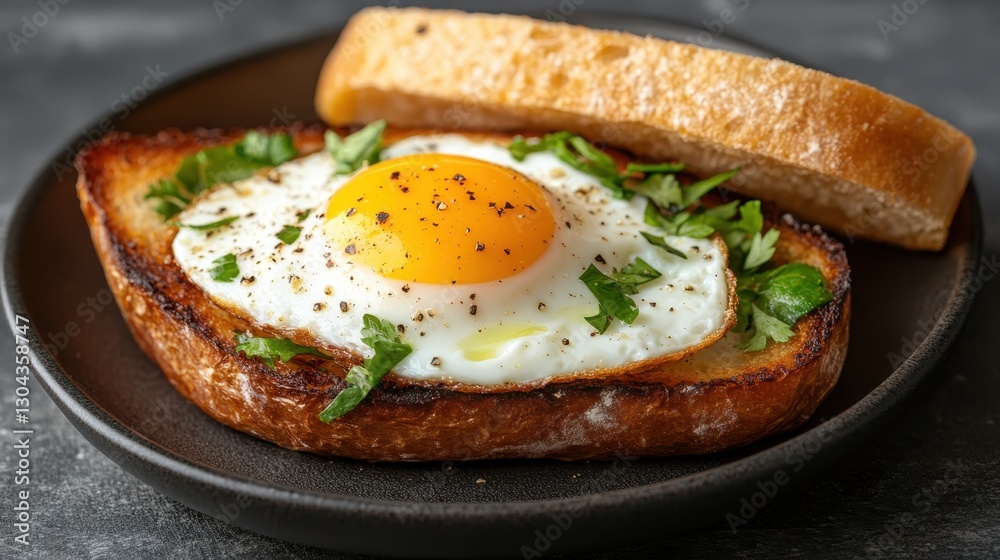 This image offers a delightful view of a single fried egg on a slice of toasted bread, artfully garnished with fresh herbs, representing a simple yet tasty breakfast choice. This image offers a delightful view of a single fried egg on a slice of toasted bread, artfully garnished with fresh herbs, representing a simple yet tasty breakfast choice.