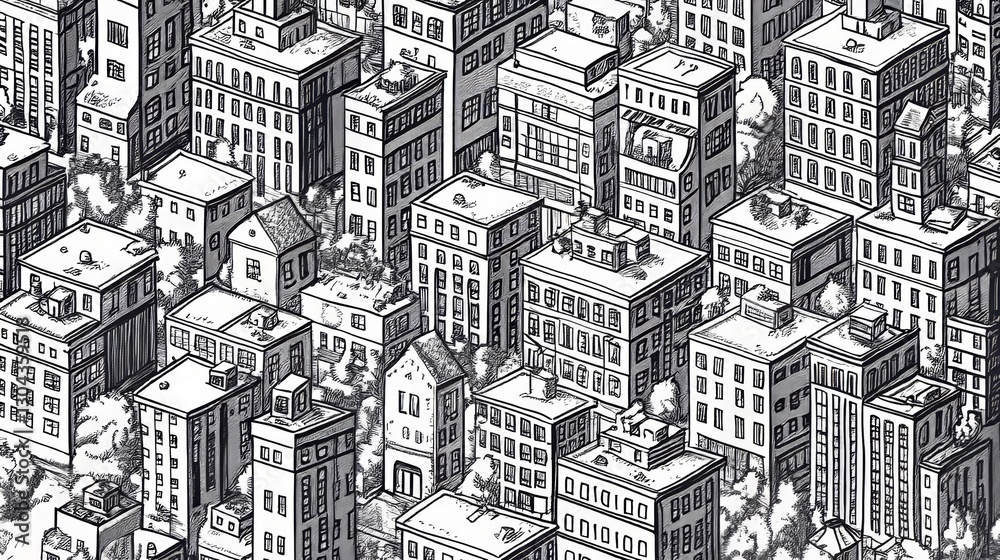 Obraz premium Seamless linear 3D urban building drawing. 