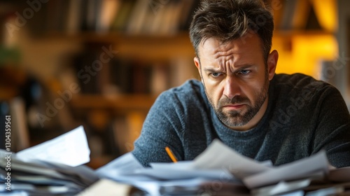 Frustrated man reviewing papers, home office, bookshelves