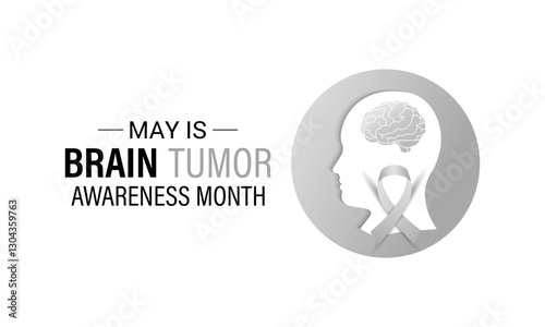 Vector graphic of Brain Tumor Awareness Month is observed every year in May to raise awareness about brain tumors. Gray ribbons with Realistic ribbon. Design for web banner, cards, prints, social.