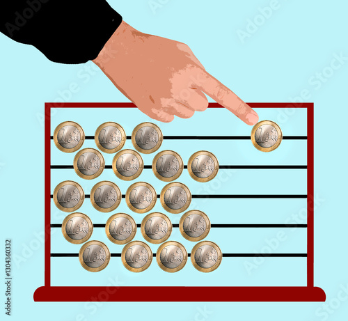 Illustration of a hand using an abacus with euro coins for financial calculation photo