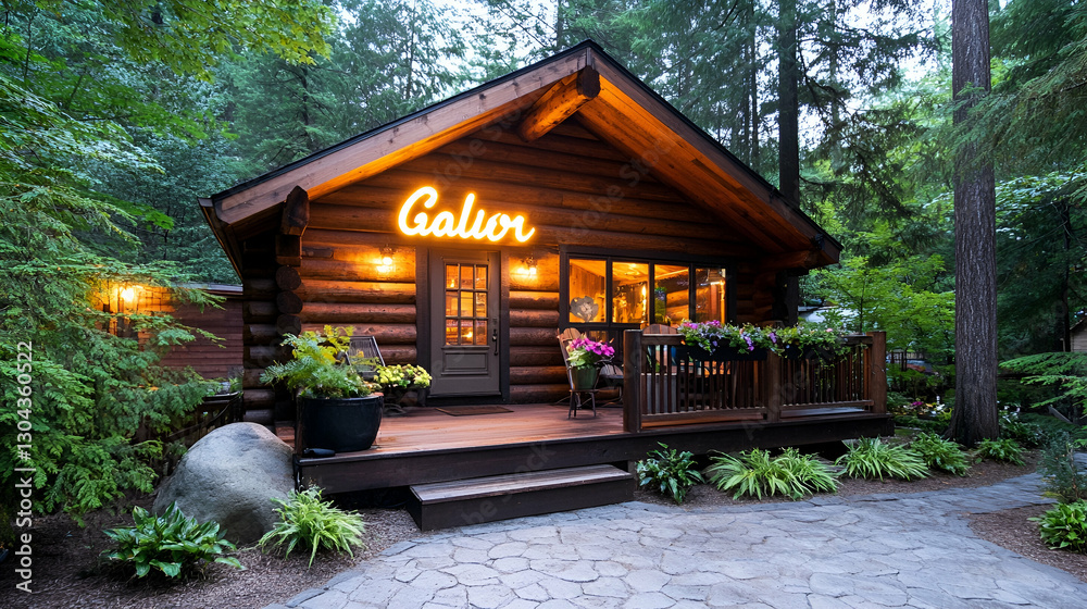 Illuminated log cabin nestled in forest at dusk Illuminated log cabin nestled in forest at dusk
