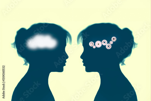 Abstract illustration of two silhouettes with contrasting brain imagery representing logic and intuition