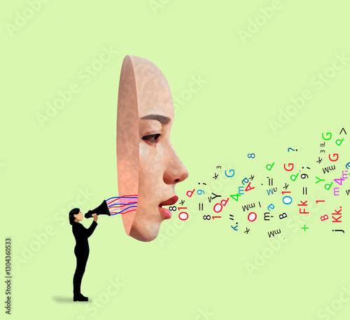 Conceptual illustration of a person using a megaphone to project letters and numbers through a mask