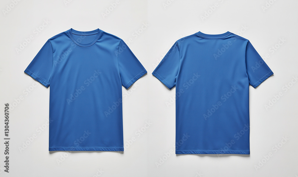 Front and back view of a blue t-shirt laid flat on a surface, a flat lay concept used as a mockup design template Front and back view of a blue t-shirt laid flat on a surface, a flat lay concept used as a mockup design template