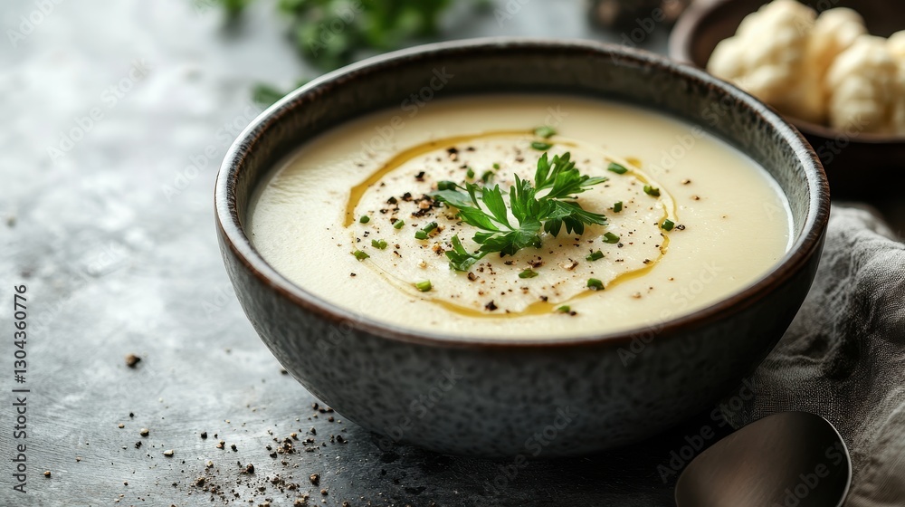 A creamy, golden soup of cauliflower, served in a light, minimalist setting, with copy space inviting viewers to imagine themselves enjoying the delicious dish. A creamy, golden soup of cauliflower, served in a light, minimalist setting, with copy space inviting viewers to imagine themselves enjoying the delicious dish.