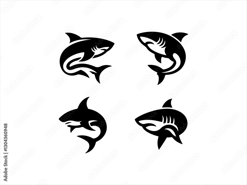 Naklejka premium This graphic set features bold, stylized shark silhouettes in various poses against a solid background.
