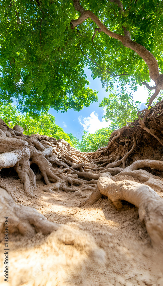 Fototapeta premium Lush Canopy Over Exposed Tree Roots in Sandy Ravine