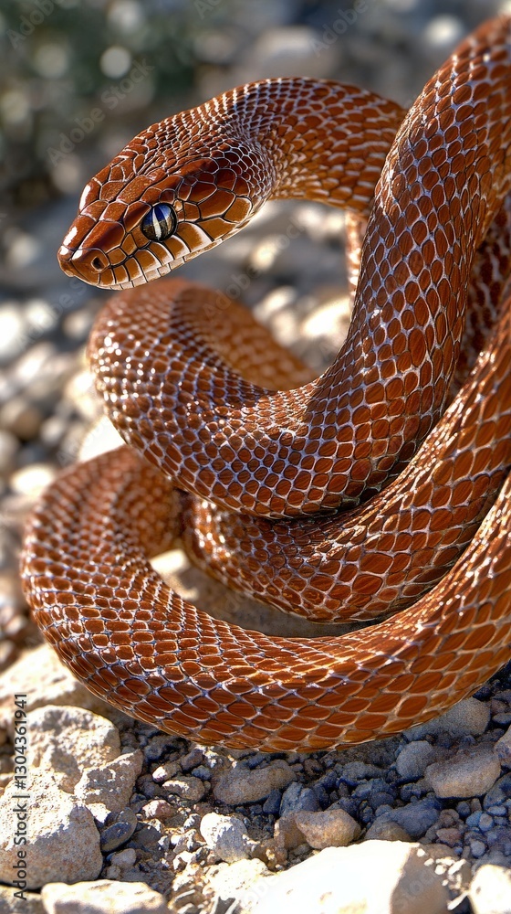 Fototapeta premium Unique brown snake coiled on rocky ground in natural habitat