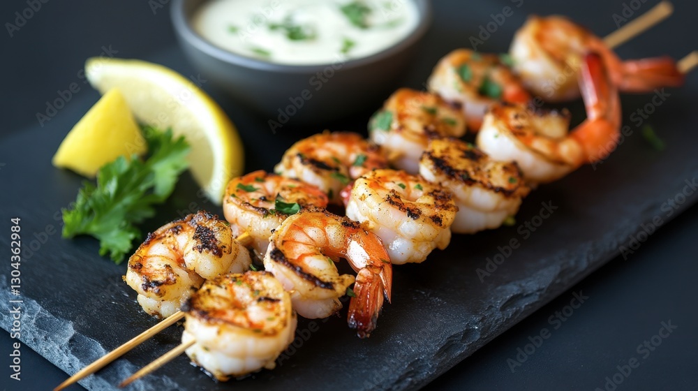 A grilled shrimp skewer, served on a slate plate with lemon wedges and dipping sauce. A grilled shrimp skewer, served on a slate plate with lemon wedges and dipping sauce.