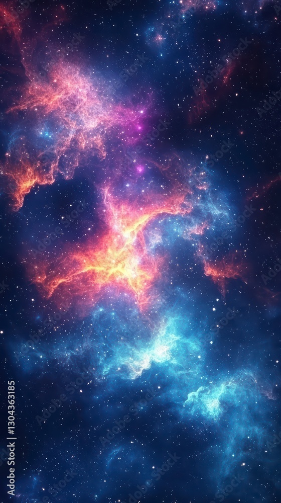 Fototapeta premium Celestial Symphony: A vibrant and awe-inspiring display of cosmic beauty unfolds, revealing a mesmerizing nebula ablaze with radiant colors, swirling patterns, and countless stars.