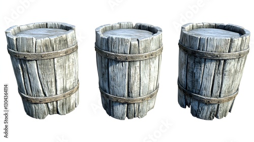 Three Weathered Wooden Barrels with Natural Texture and Rustic Charm Displayed Side by Side photo