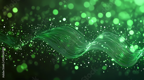 Abstract Green Wave Lines with Glowing Particles