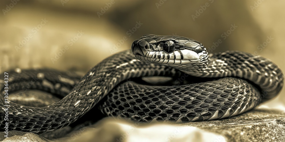 Snake resting on a rock with striking patterns and textures Snake resting on a rock with striking patterns and textures
