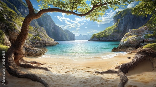 Secluded Tropical Beach with Azure Water and Lush Tree