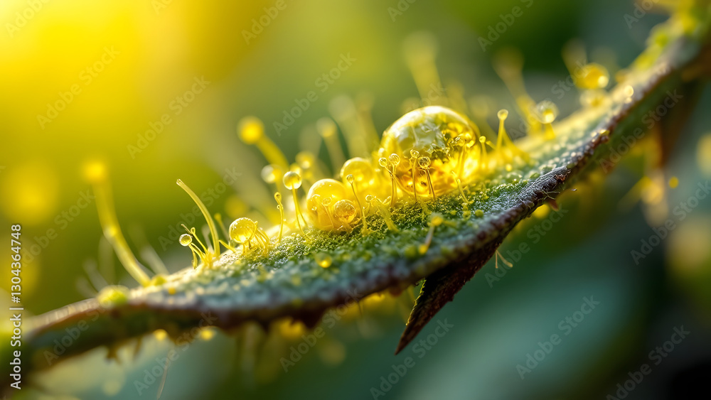 Naklejka premium Pollen and spores, Close-up of dew droplets on plant leaves, creating a warm and vibrant atmosphere