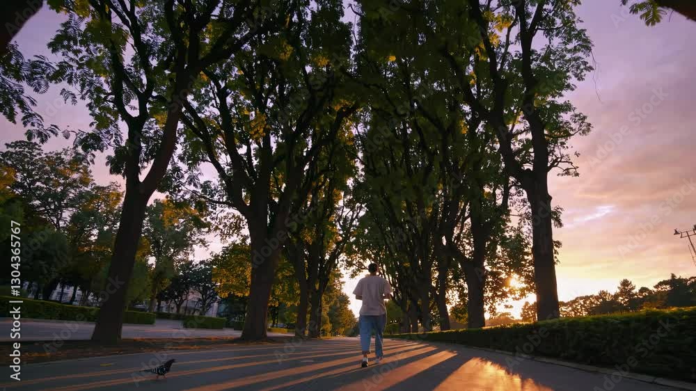 Low-angle video captures a person jogging through a tree-lined path at sunset, emphasizing the towering trees and serene atmosphere.