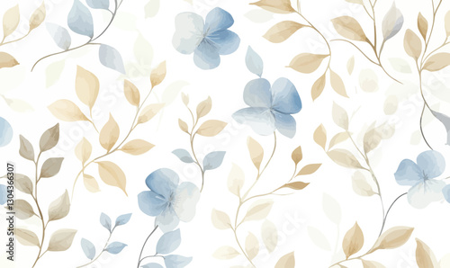 Abstract Blue and Beige Floral Pattern with Leaves and Branches for Wallpaper Design