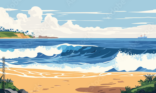 Minimalist Summer Beach Scene with Waves and Blue Sky in Vector Art