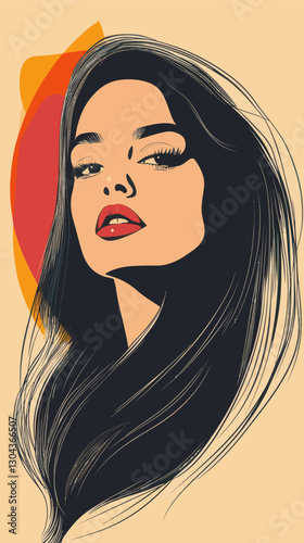 Retro Style Vector Illustration of Beautiful Woman with Long Hair in Minimalist Design