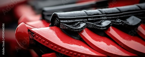 Traditional Red and Black Architectural Roof Tiles Detail in a Temple Building Structure