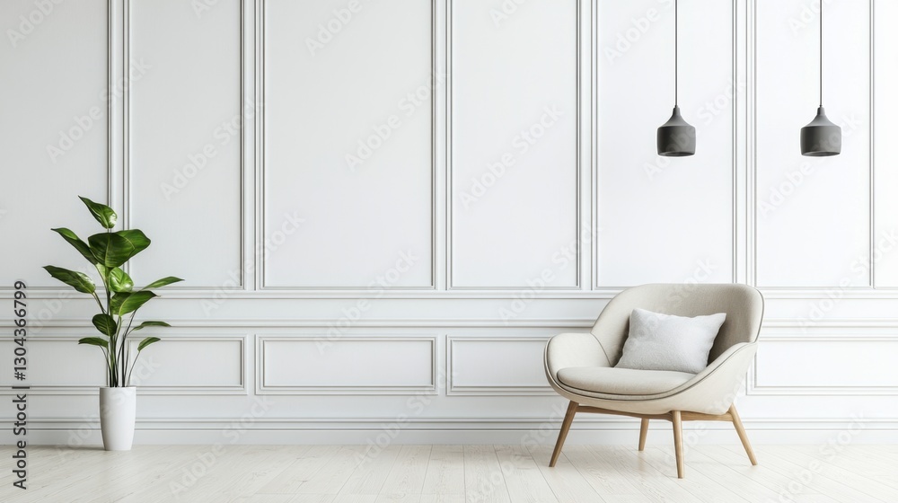 Fototapeta premium A modern armchair in a neutral tone placed in front of a clean white wall, styled with a decorative cushion.