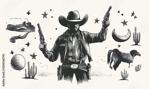 Wild West Cowboy Vector Set with Halftone Stipple Effect and Surreal Elements