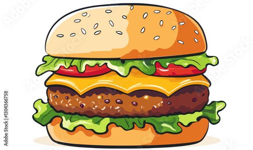 Mouthwatering Cheeseburger Illustration with Lettuce, Tomato, and Juicy Beef Patty