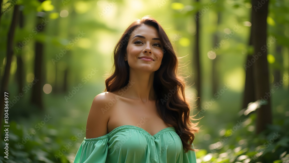 A woman in a green dress smiles in a forest.