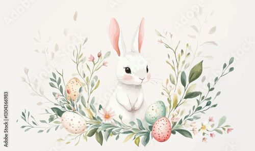 Watercolor Easter Bunny with Floral Wreath and Eggs Illustration for Seasonal Greetings