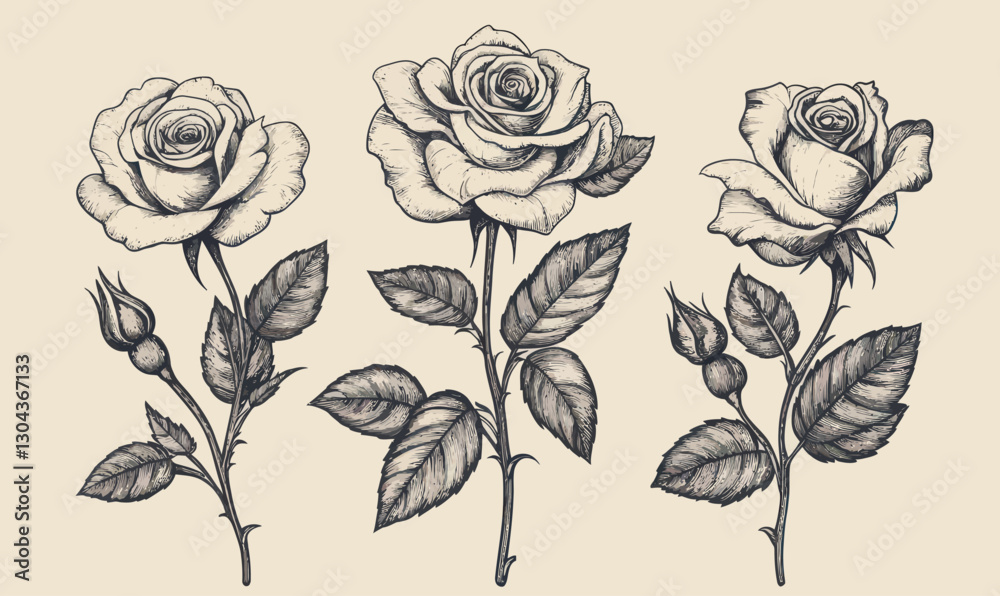 Fototapeta premium Vintage Victorian Rose Flower Engraving Tattoo Vector Illustration in Minimalist Style