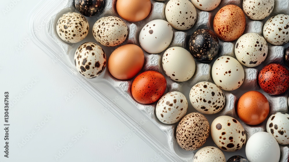 A vibrant array of quail eggs, nestled in a clear plastic tray, sits atop a pristine white backdrop, showcasing the natural bounty of an ecological farm. This overhead view offers ample copy space A vibrant array of quail eggs, nestled in a clear plastic tray, sits atop a pristine white backdrop, showcasing the natural bounty of an ecological farm. This overhead view offers ample copy space