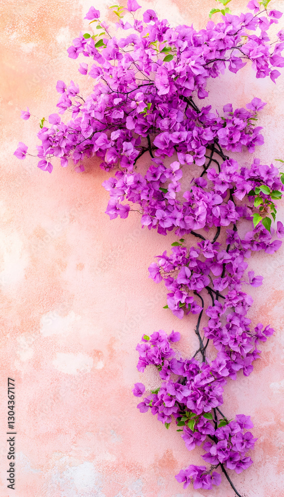 Pink bougainvillea vine blooms against textured wall Pink bougainvillea vine blooms against textured wall