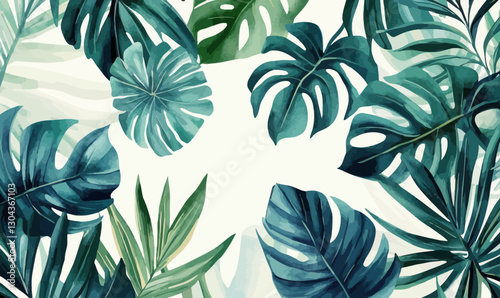 Exotic Watercolor Tropical Leaves Minimalist Vector Illustration Background