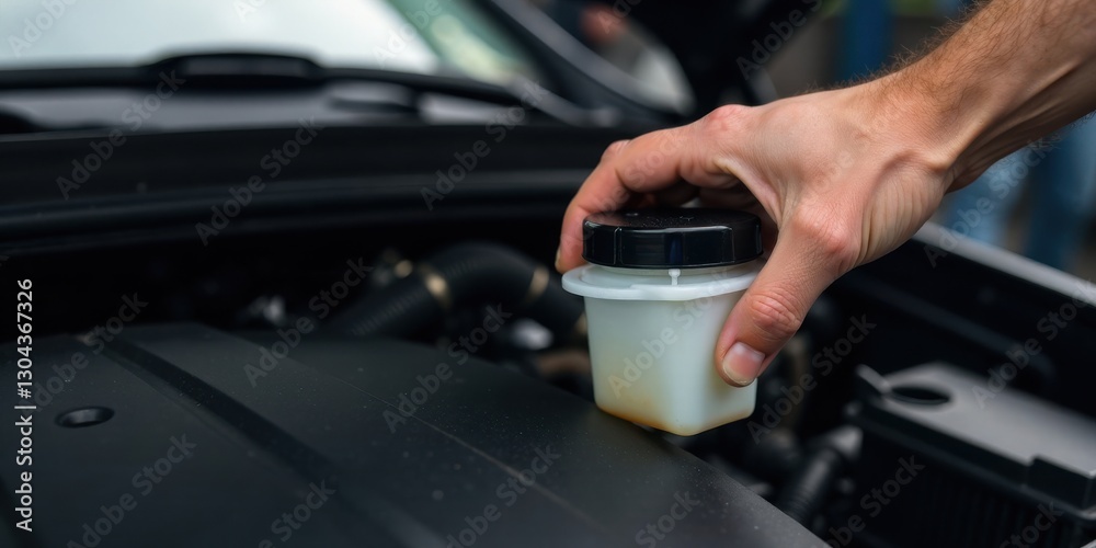 Checking Automotive Fluid Levels A Close-Up View of a Hand Adding Fluid to a Vehicle's Reservoir Checking Automotive Fluid Levels A Close-Up View of a Hand Adding Fluid to a Vehicle's Reservoir