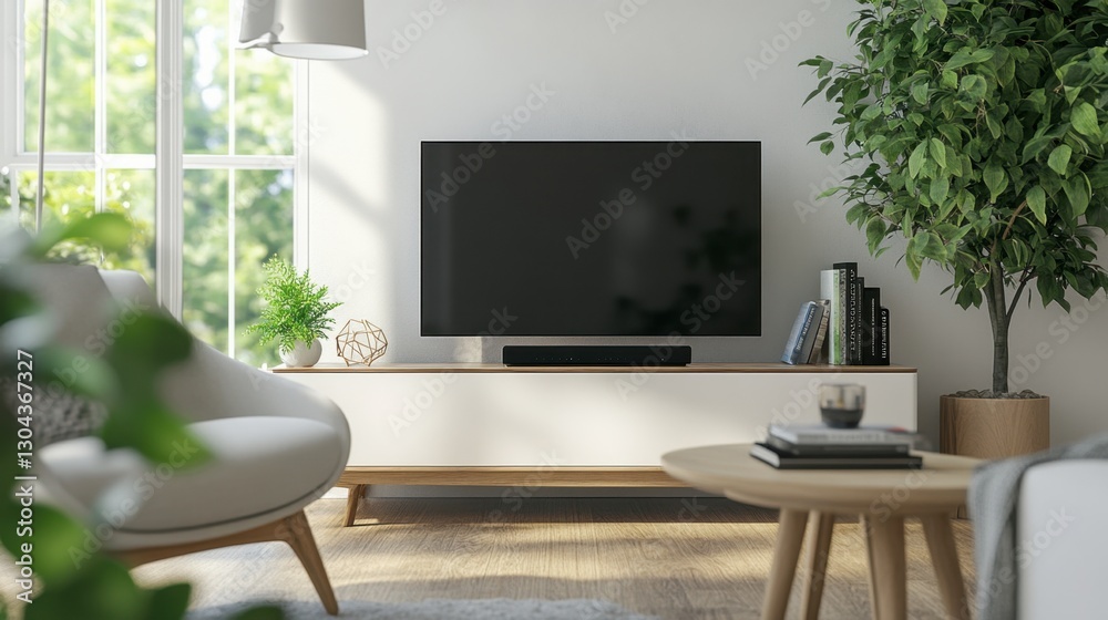 A modern Smart TV in an artistic white living room, blending tech and aesthetic design. A modern Smart TV in an artistic white living room, blending tech and aesthetic design.