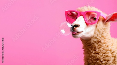Sheep with Pink Sunglasses and Bubble Gum on Pink Background Animal Portrait Whimsical and Cute