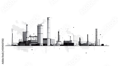 A grayscale illustration depicting a stylized industrial landscape. The image features multiple buildings of varying heights, smokestacks emitting smoke, and a simplified representation of