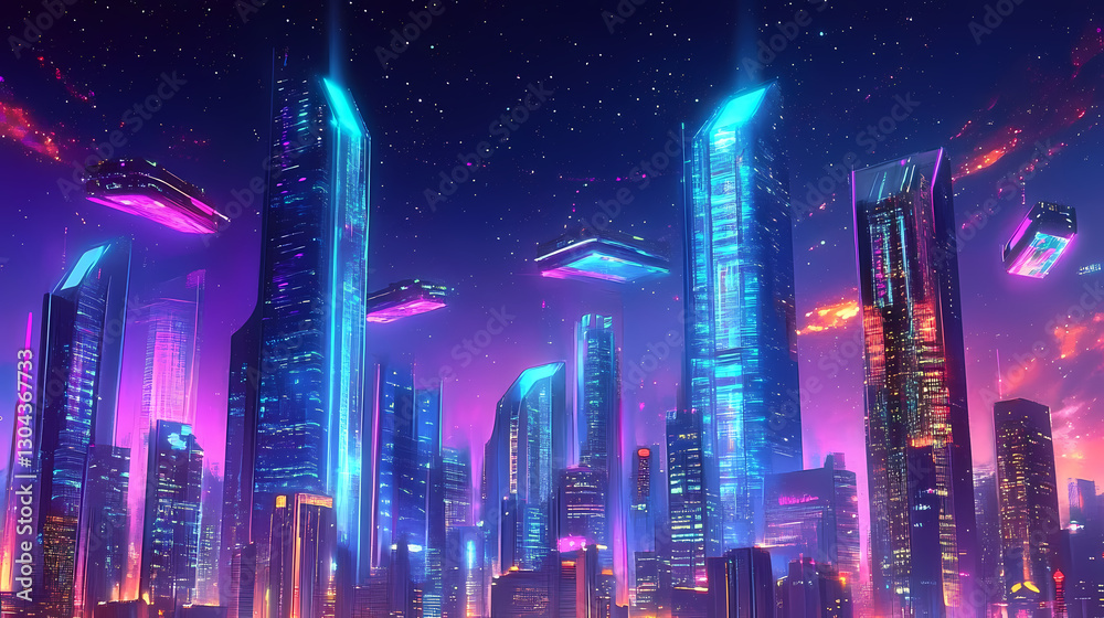 Neon-Lit Futuristic City with Flying Objects Neon-Lit Futuristic City with Flying Objects