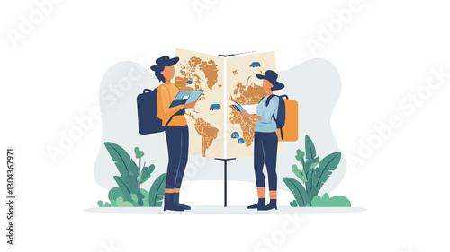 Illustration featuring a stylized depiction of a young couple, male and female, standing before a large world map. Both are wearing backpacks and holding what appear to be compasses or