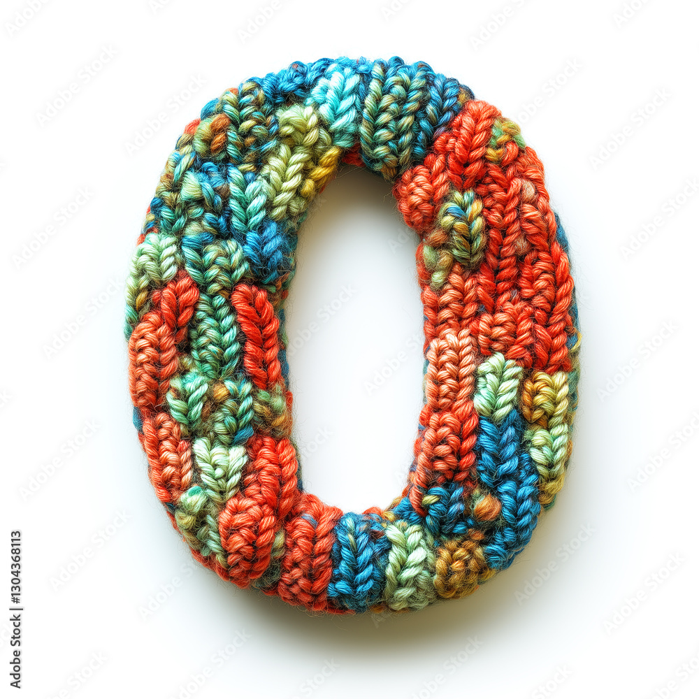 Colorful Knitted Pattern Art Depicting the Number Zero with Texture on White Background Colorful Knitted Pattern Art Depicting the Number Zero with Texture on White Background