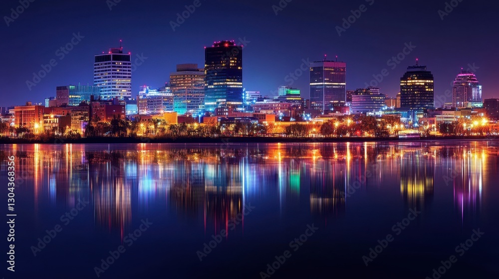 A panoramic view of a glowing city skyline at night, reflecting on a calm river. A panoramic view of a glowing city skyline at night, reflecting on a calm river.