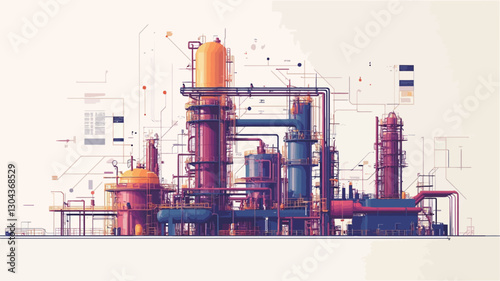 The image is a stylized illustration of an industrial complex, possibly a refinery or chemical plant.  It depicts various interconnected towers, pipes, and structures rendered in shades of