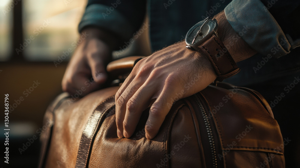 Obraz premium A close-up shot of a man's hand resting on a classic travel bag, the surface of the bag showing creases and wear, fingers slightly curled over the sturdy handle