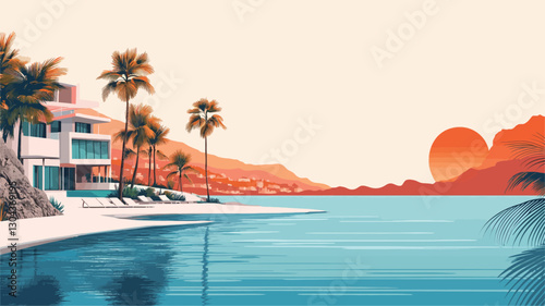 A digital illustration depicting a serene coastal scene at sunset. The image showcases a modern, white villa situated on a sandy beach next to calm turquoise water. Several palm trees are