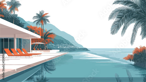 A stylized illustration depicting a modern, minimalist villa situated on a coastline. The villa features clean lines and a white exterior.  An infinity pool extends to the edge of the