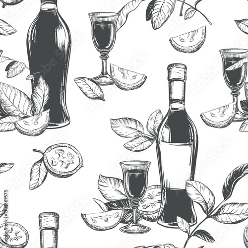 Bottle of Italian liqueur Nocino, glass with aperitif. Vector seamless pattern in engraving technique. Unripe walnut seeds whole and halves, leaves and branches. Linear sketch in black ink.
