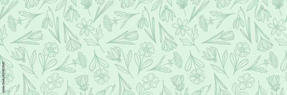 Spring floral elegant minimalist light green line art flower pattern background, seamless repeating wallpaper design Spring floral elegant minimalist light green line art flower pattern background, seamless repeating wallpaper design