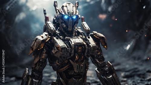 Battle-Damaged Robot Warrior in Space – Sci-Fi Combat Scene