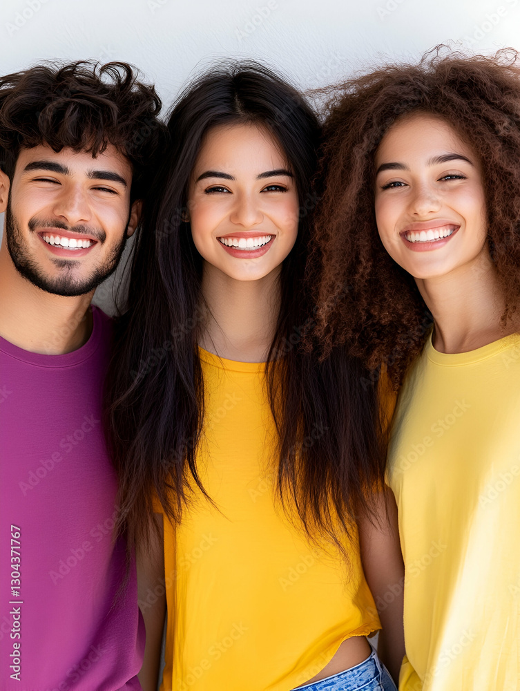 Smiling diverse friends posing against white wall Smiling diverse friends posing against white wall